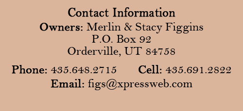 Contact Information Owners: Merlin & Stacy Figgins P.O. Box 92 Orderville, UT 84758 - Phone: 435.648.2715 - Cell: 435.691.2822 - Email: figs@xpressweb.com